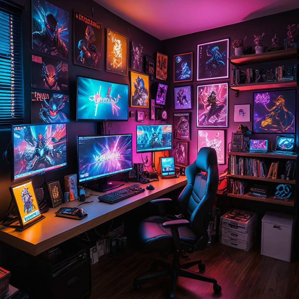 A vibrant, neon-lit room filled with colorful posters of adult anime and manga, a computer screen streaming anime in the background, and shelves stacked with manga volumes. Include a sleek gaming chair and a desk cluttered with figurines of popular characters. cyberpunk. vibrant colors. detailed. anime style.