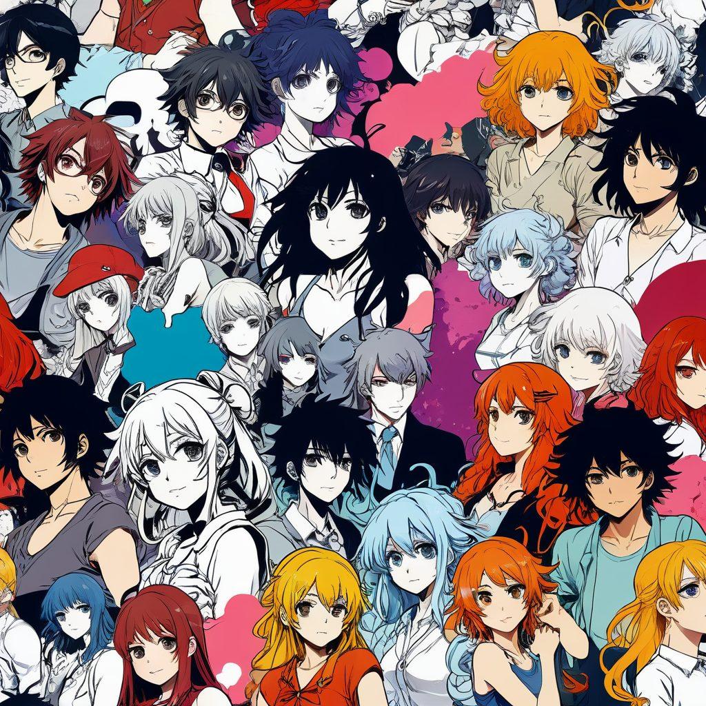 An intricate and vivid collage of various hentai anime and manga characters in dynamic poses, surrounded by elements like speech bubbles, ink brushes, and imaginative backgrounds. Each character displays unique emotions and artistry, with detailed attention to their expressions and fashion. The overall image evokes a sense of storytelling and cultural depth. vibrant colors. anime art style.