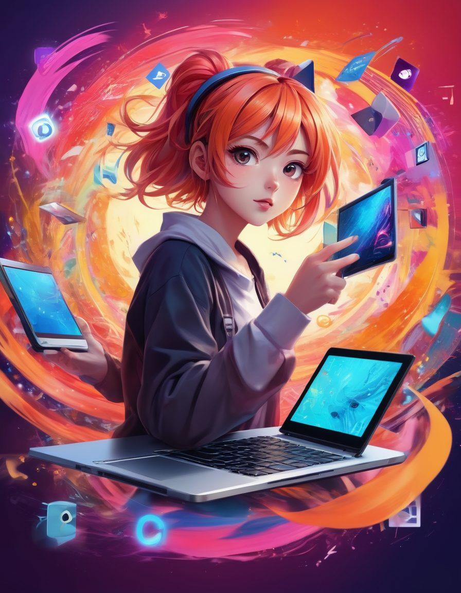 A digital collage of various anime characters in dynamic poses, enveloped in colorful, artistic swirls. Surround this with distinct icons representing top streaming and downloading platforms like mini laptops, smartphones, and tablets. Ensure a playful and vibrant ambiance, avoiding explicit content. anime style. vibrant colors. digital art.